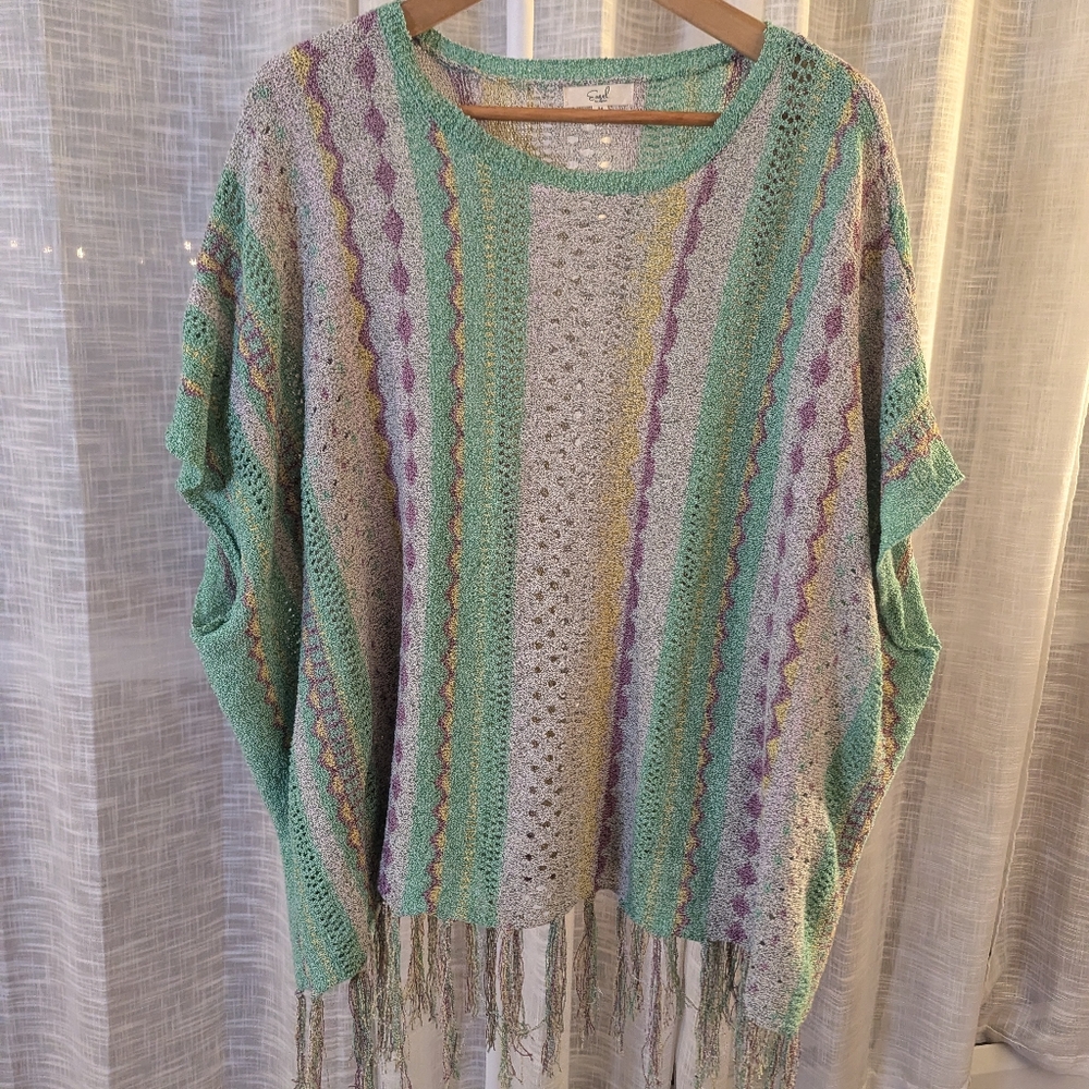 Easel Fringe Hem Boho Oversized Poncho Sweater
